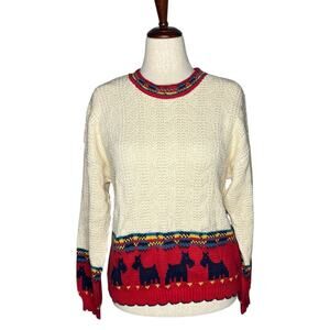 VTG Sweater Loft Sweater Womens L Ivory Red Scottie Dog Knit Made in USA Cotton